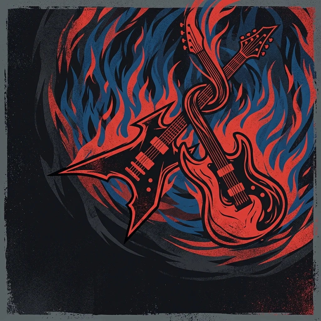 ilustración tributo de dos guitarras entrelazadas en espiral ascendente sobre un fondo de llamas azules y rojas, símbolo de la dualidad melódica y pesada del metal de Gotemburgo, sin texto ni logotipos, paleta rojo y negro con destellos de azul