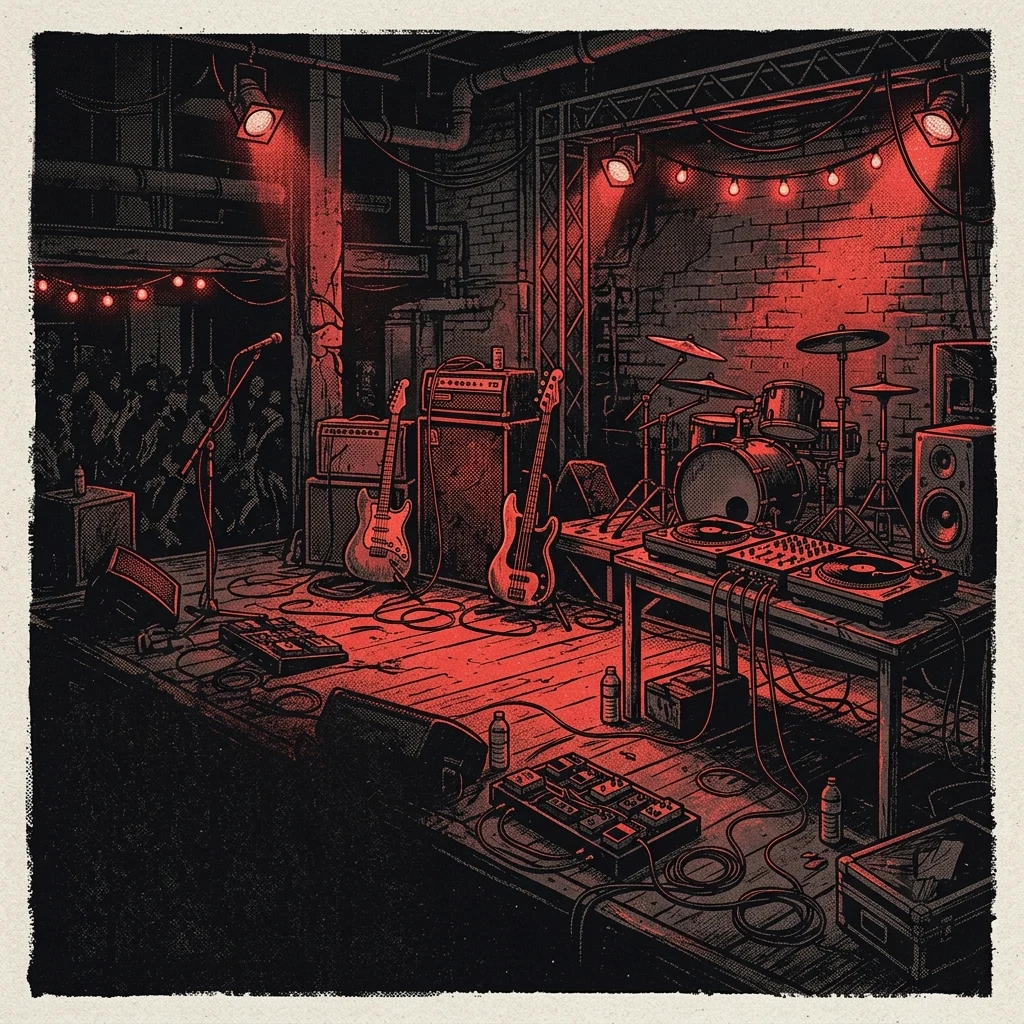 ilustración tributo de un escenario underground iluminado en rojo con instrumentos eléctricos y equipo de DJ, atmósfera industrial y cruda, paleta rojo y negro, sin rostros reconocibles ni logos