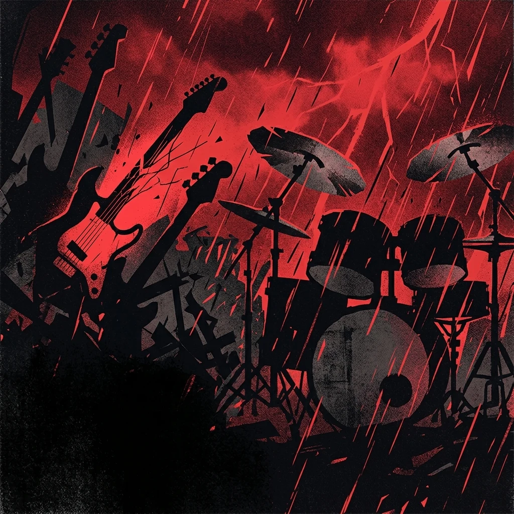 ilustración tributo de una portada de álbum abstracta con siluetas de guitarras y batería bajo una tormenta de luz roja, atmósfera épica y oscura, paleta rojo y negro, sin rostros ni logos