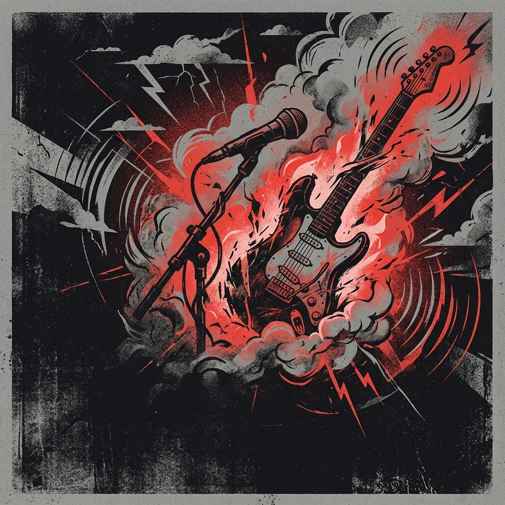 ilustración tributo de una guitarra eléctrica y un micrófono envueltos en humo y luz roja, motivos abstractos que evocan tormenta y energía extrema, paleta rojo y negro, sin texto ni logotipos