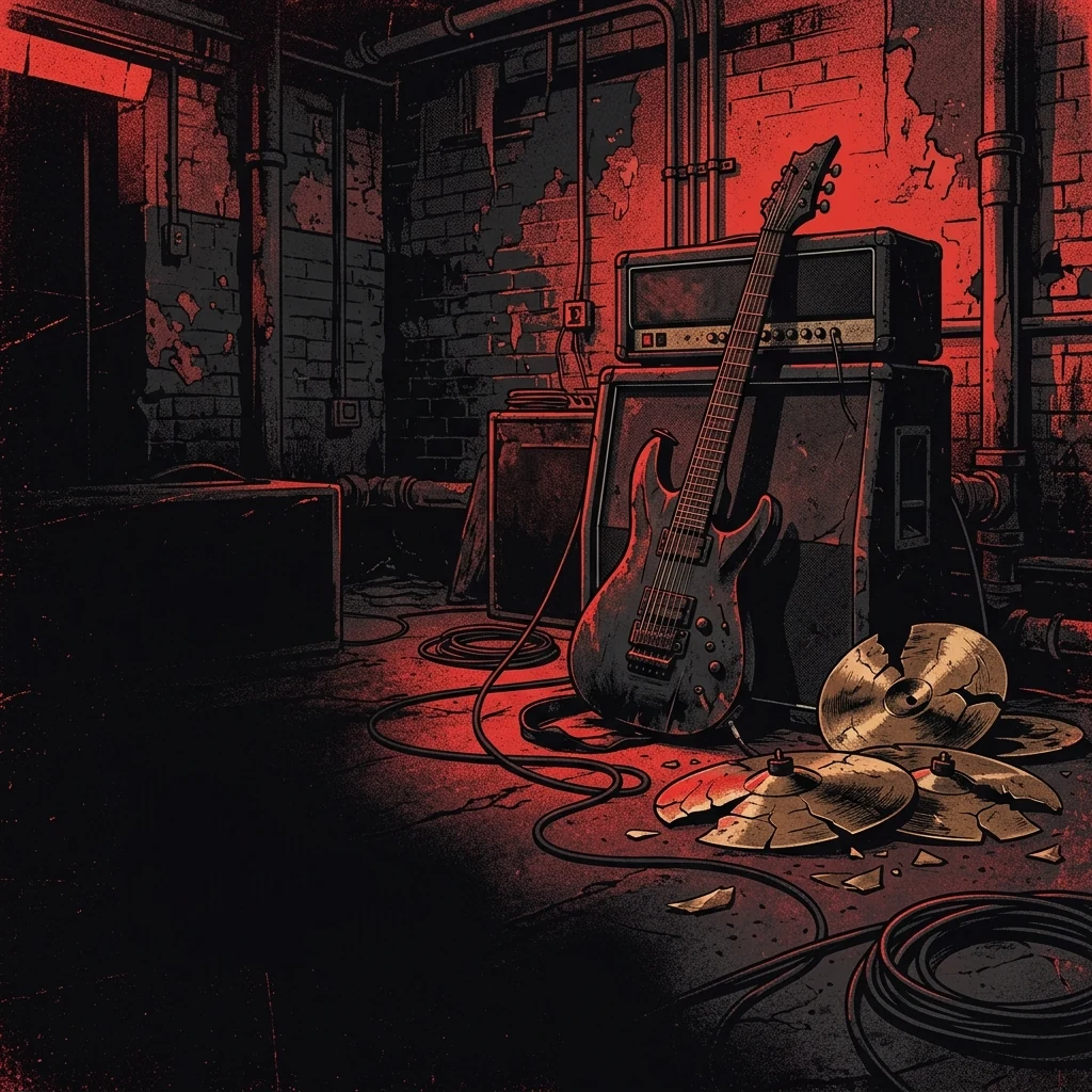 ilustración tributo de guitarras de afinación extrema y platillos rotos en un sótano industrial de Manchester bajo luz roja cortante, atmósfera slam death metal del underground británico 2006, sin rostros reconocibles ni logos, paleta rojo y negro densa y atmosférica