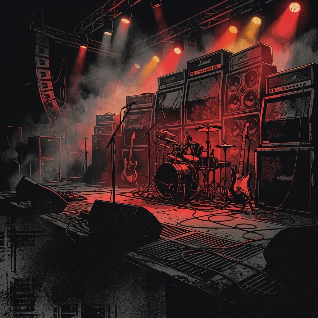 ilustración tributo de un escenario de metal extremo con amplificadores masivos y niebla bajo reflectores carmesí, atmósfera deathcore industrial británica años 2020, sin rostros ni logos, paleta rojo y negro con contrastes metálicos