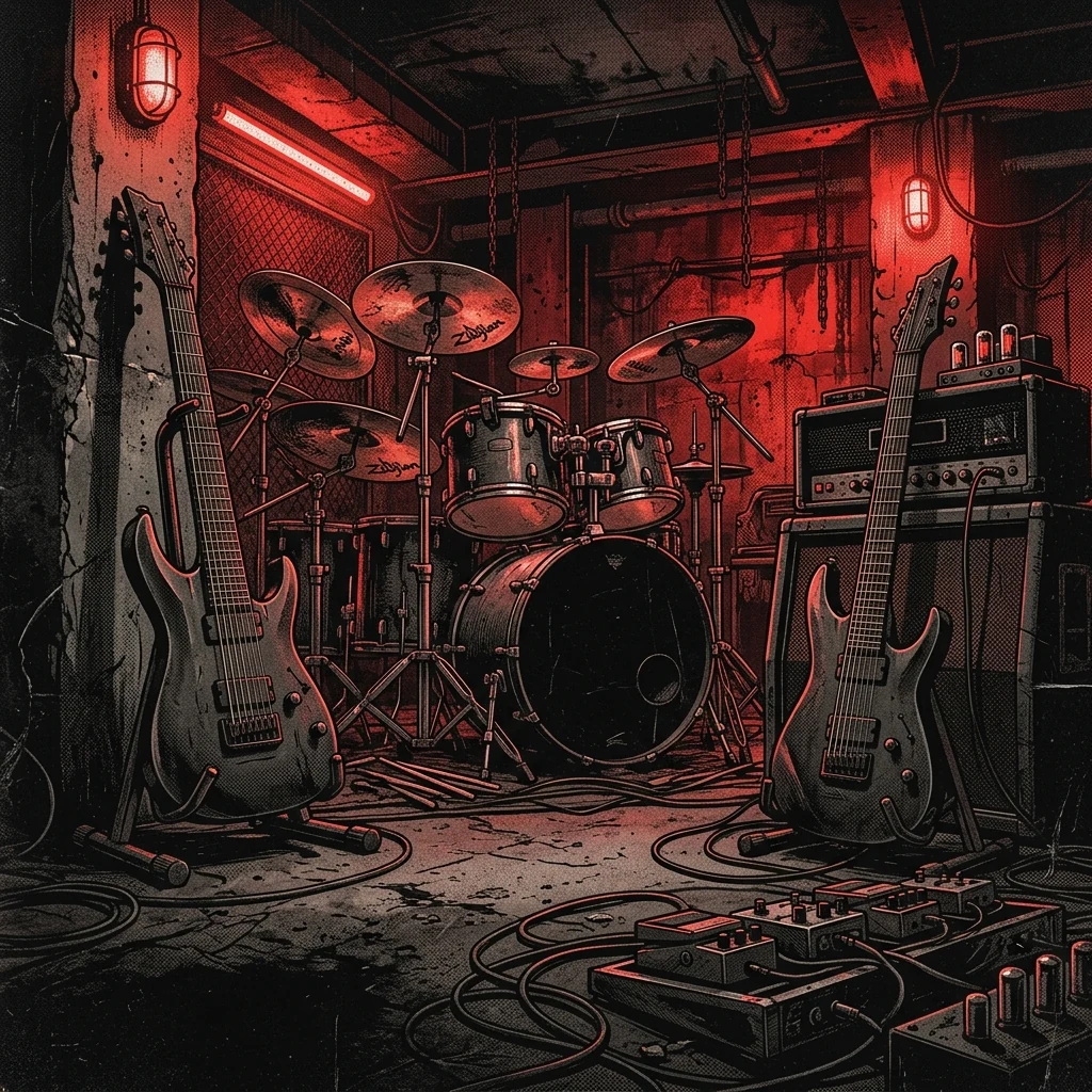 ilustración tributo de guitarras de ocho cuerdas y una batería masiva en un estudio subterráneo con paredes de concreto y luz industrial roja, collage de texturas metálicas y percusión extrema sin texto ni logotipos, paleta rojo carmesí y negro con destellos de acero