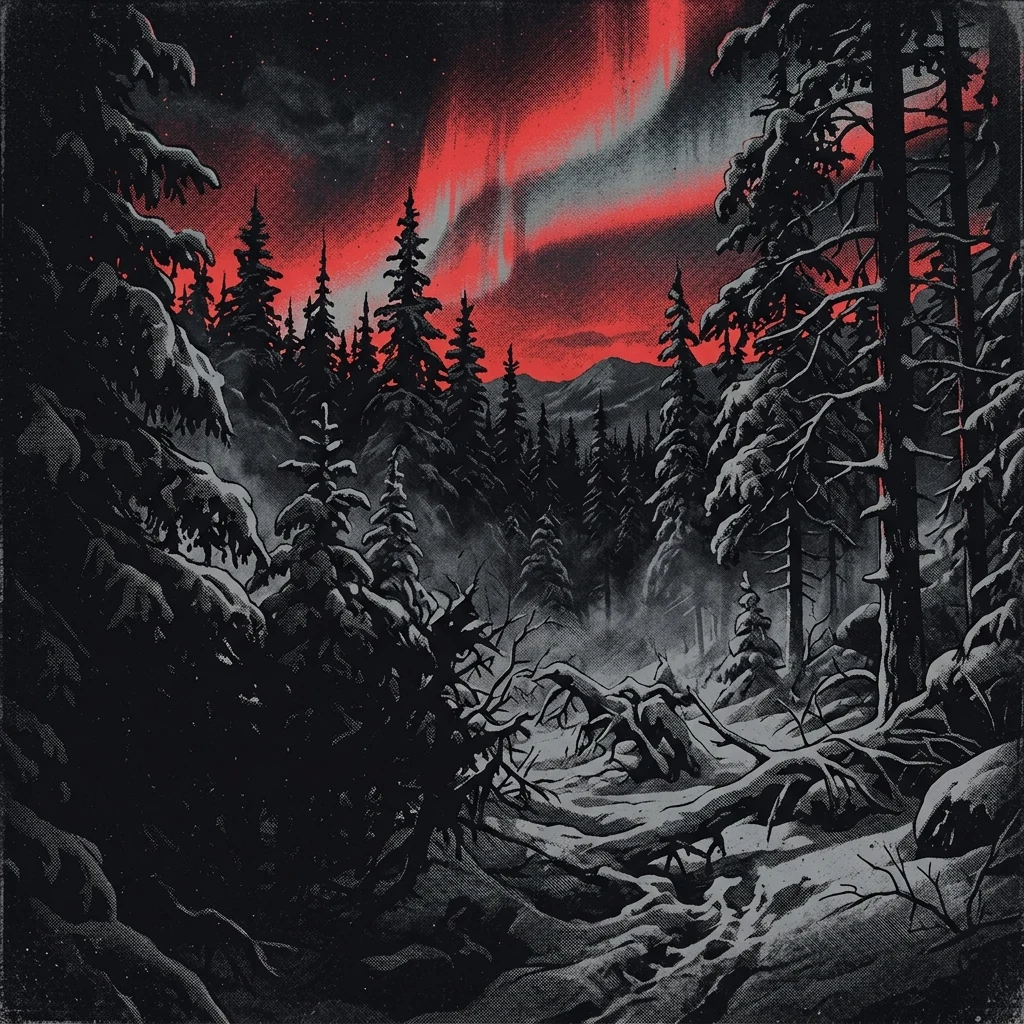 ilustración tributo de un bosque finlandés de pinos cubierto de nieve bajo una aurora boreal, siluetas de árboles contra el cielo oscuro y figuras encapuchadas entre la niebla, atmósfera melodic death metal nórdico, sin rostros reconocibles ni logos, paleta rojo y negro
