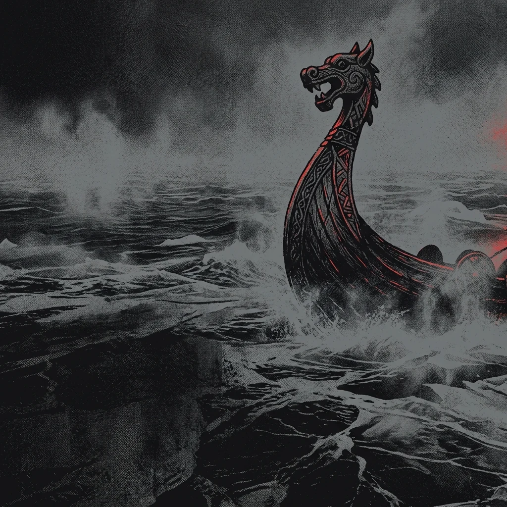 ilustración tributo de una proa de barco vikingo emergiendo de aguas heladas y oscuras bajo un cielo tormentoso de invierno ártico, olas de hielo y niebla densa, sin rostros reconocibles ni logos, paleta rojo y negro