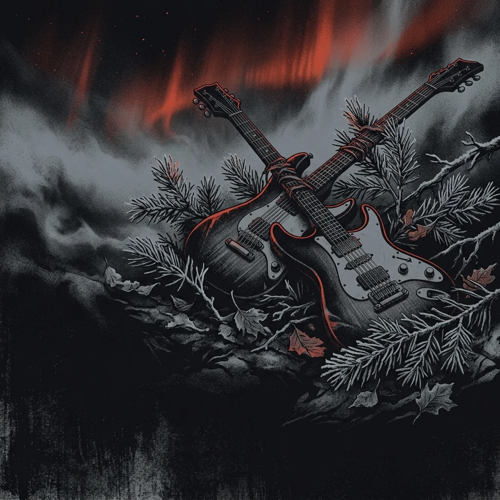 ilustración tributo de dos guitarras eléctricas entrelazadas entre ramas de pino heladas y hojas marchitas, con niebla y destellos de aurora boreal al fondo, sin texto ni logotipos, paleta rojo y negro