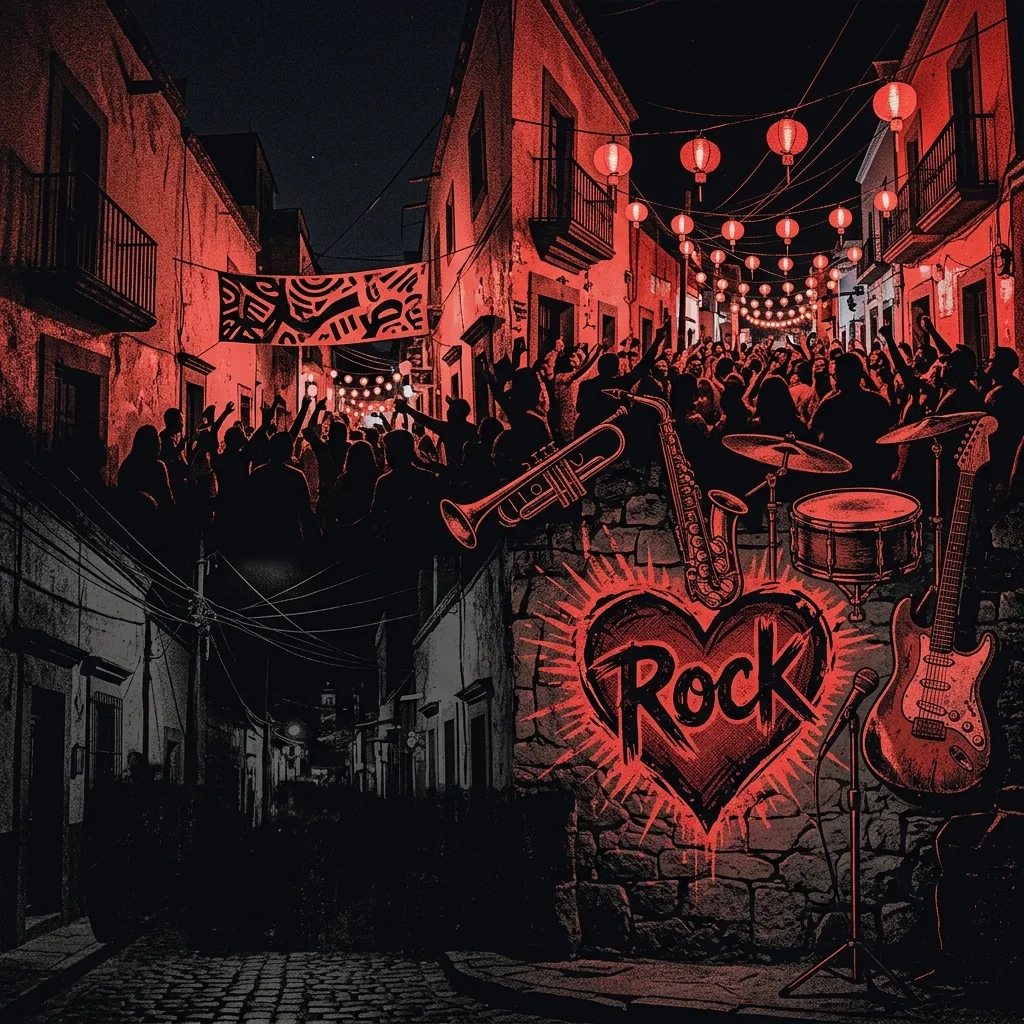 ilustración tributo de un barrio de Monterrey con instrumentos de ska —trompeta, saxofón, guitarra— y un corazón estilizado, atmósfera romántica y festiva, paleta rojo y negro, sin rostros ni logos