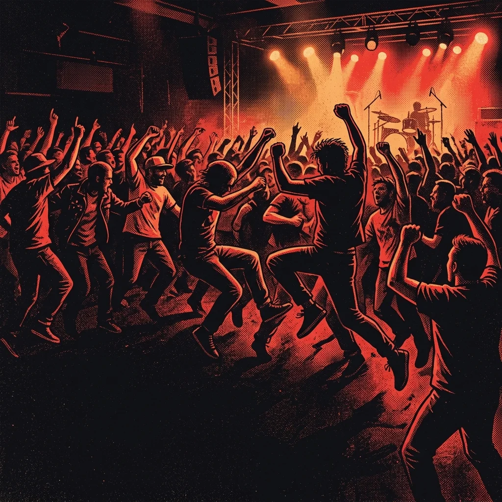 ilustración tributo de una multitud brincando en un concierto de ska con luces cálidas, atmósfera festiva, paleta rojo y negro, sin rostros identificables
