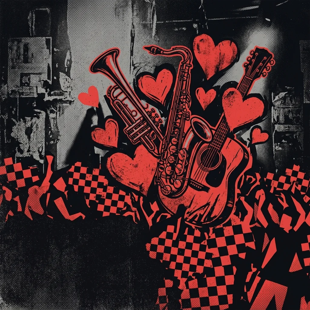 ilustración tributo de instrumentos de ska —trompeta, saxofón, guitarra— entre corazones estilizados, atmósfera festiva y romántica, paleta rojo y negro, sin texto ni logotipos