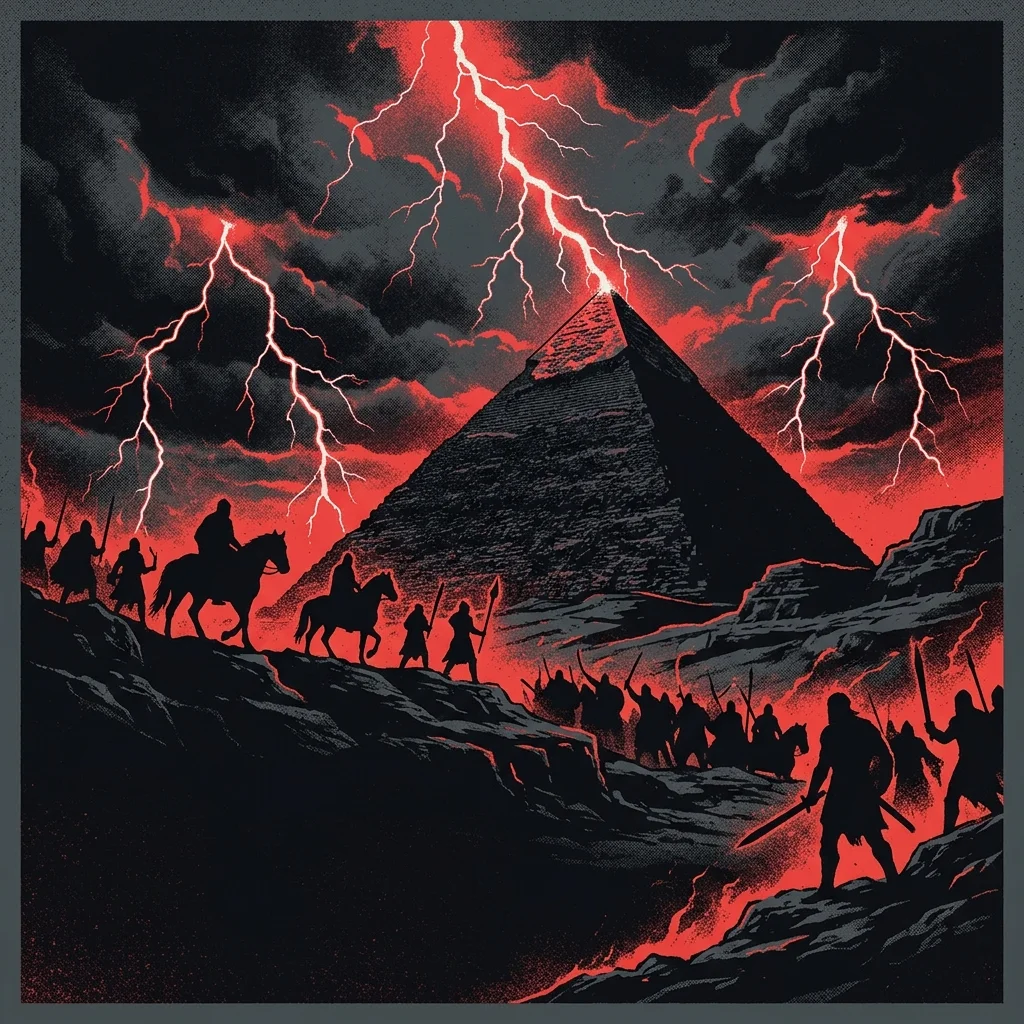 ilustración tributo de una pirámide egipcia bajo un cielo de tormenta con relámpagos y siluetas guerreras, estética épica heavy metal años 80, paleta rojo y negro, sin rostros reconocibles ni logos