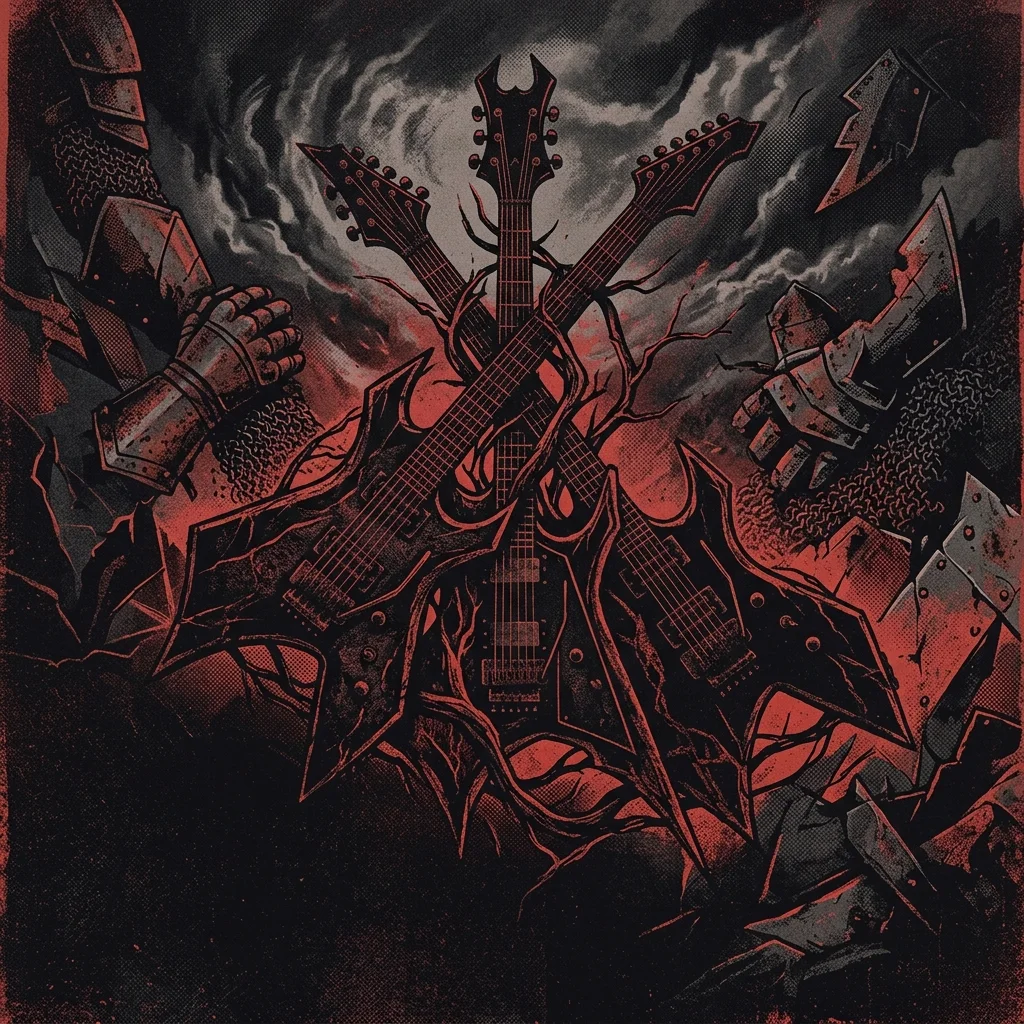 ilustración tributo de tres guitarras eléctricas entrelazadas sobre un fondo de tormenta y armaduras medievales, estética heavy metal clásica, paleta rojo y negro, sin texto ni logotipos