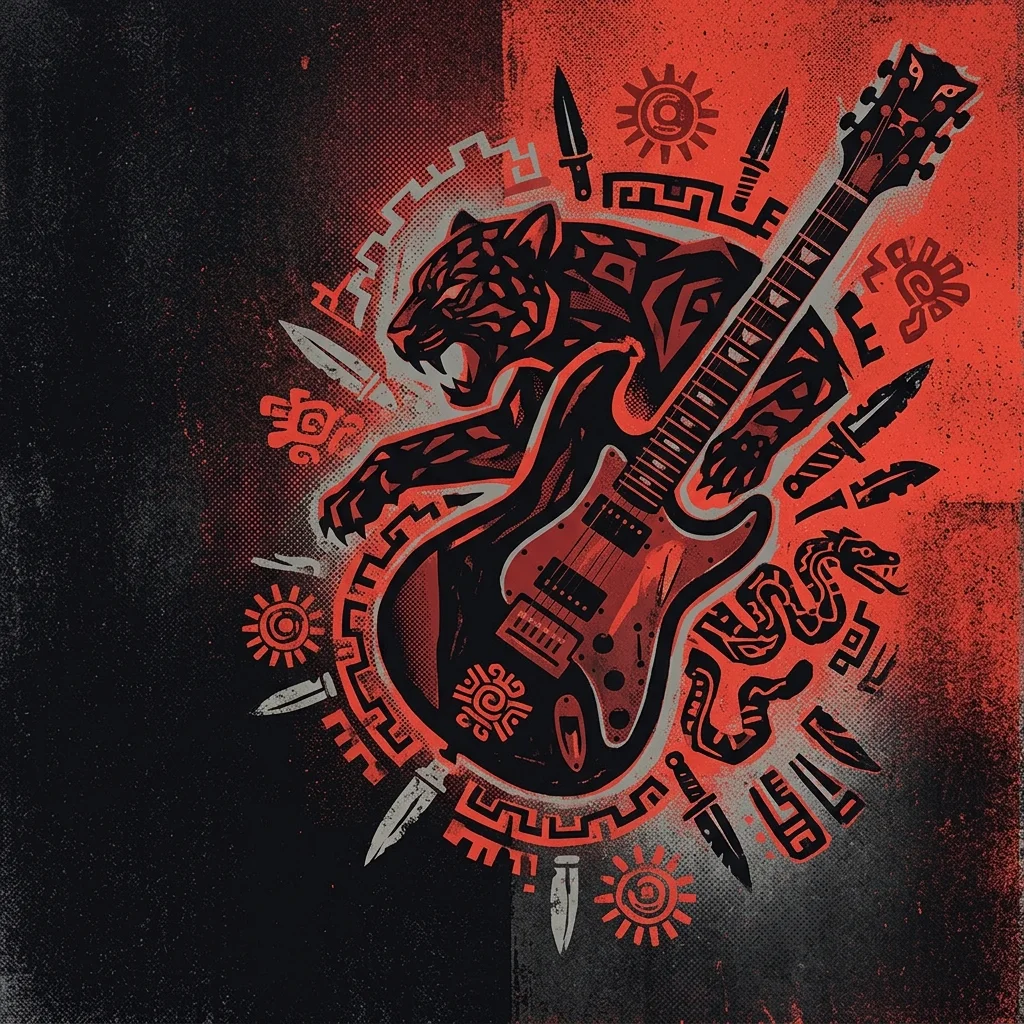 ilustración tributo a un jaguar estilizado fundido con una guitarra eléctrica sobre fondo negro y rojo, iconografía prehispánica, sin rostros ni logos