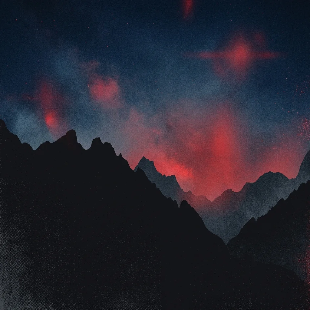 ilustración tributo de un cielo nocturno azul profundo sobre una silueta de montañas mexicanas, atmósfera mística con destellos rojos, sin rostros ni logos