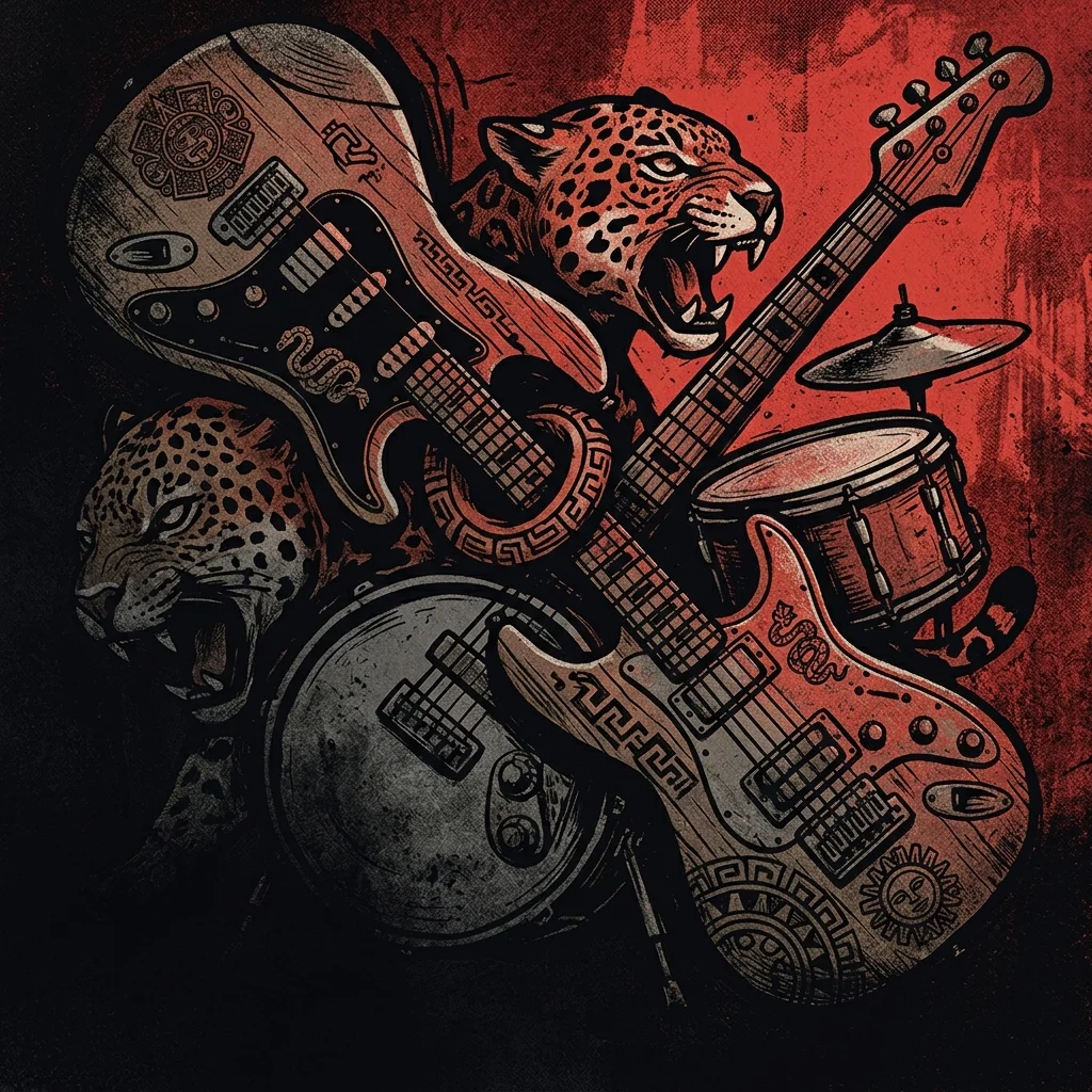 ilustración tributo de instrumentos de rock entrelazados con motivos de jaguar y símbolos prehispánicos, sobre fondo rojo y negro, sin texto ni logotipos