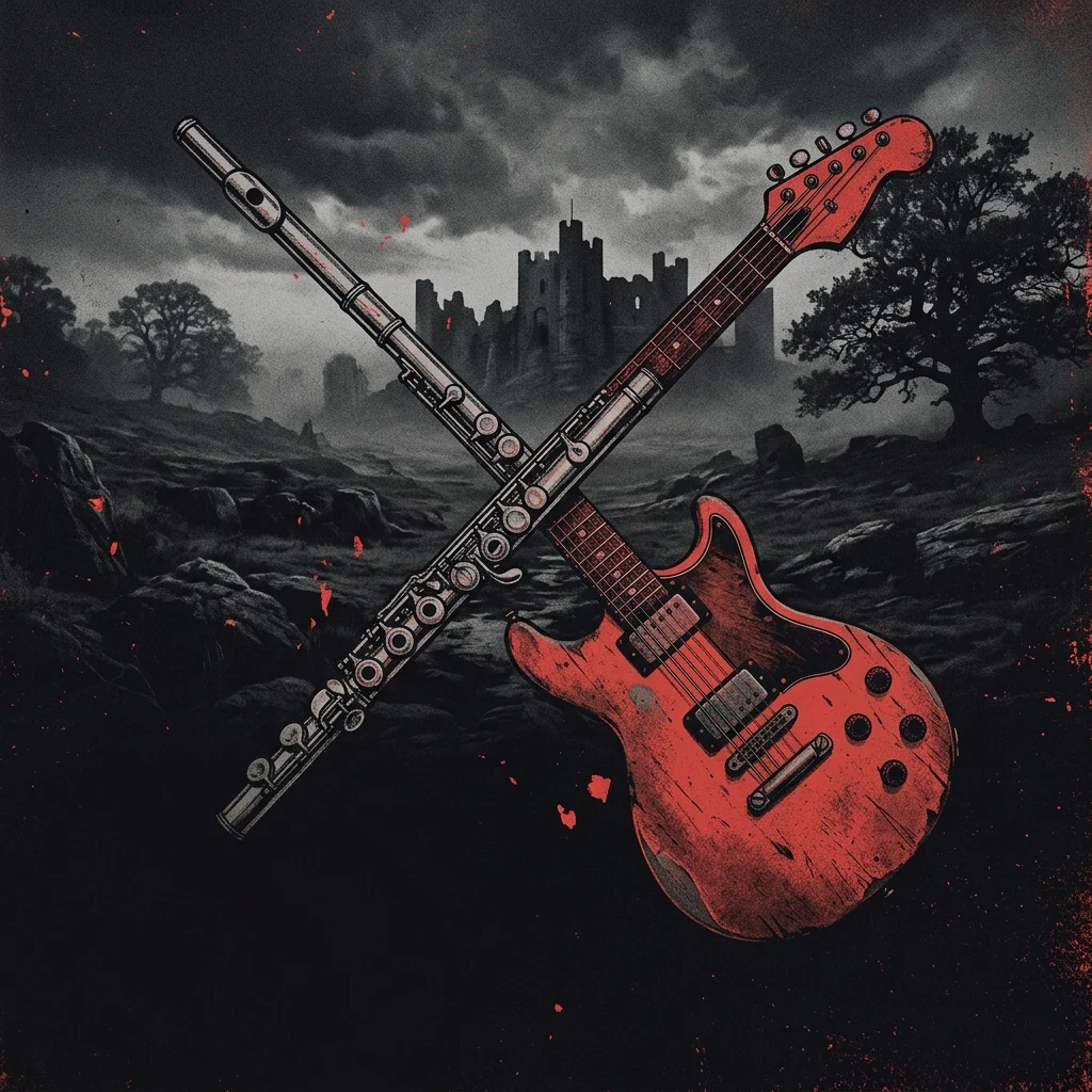 ilustración tributo de una flauta traversa entrecruzada con una guitarra eléctrica sobre un fondo brumoso de paisaje inglés medieval, atmósfera oscura y mística, paleta rojo y negro, sin rostros reconocibles ni logos