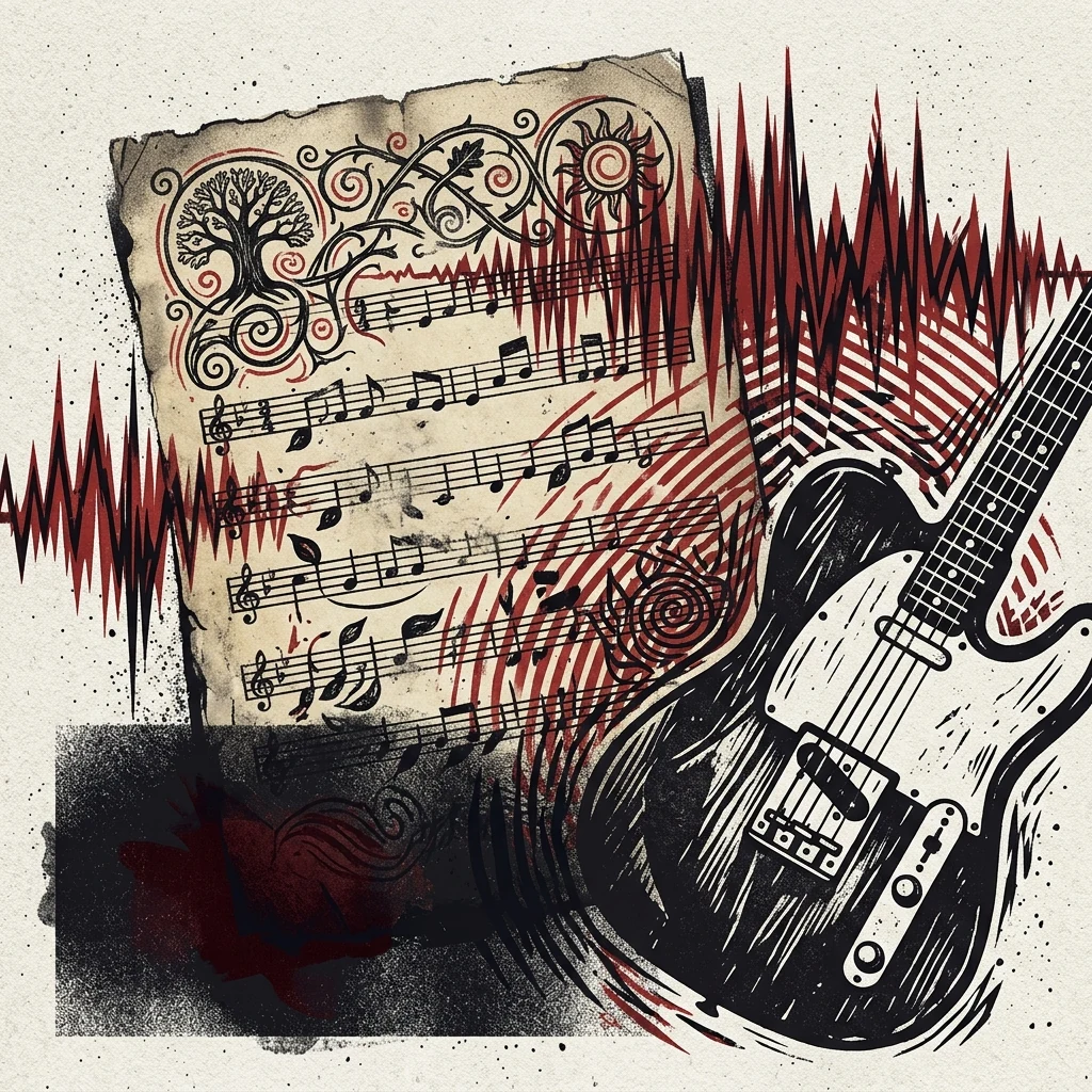 ilustración tributo de una partitura musical antigua con motivos de folk inglés y ondas sonoras de amplificador eléctrico, atmósfera de contraste entre lo arcaico y lo moderno, paleta rojo y negro, sin rostros ni logos