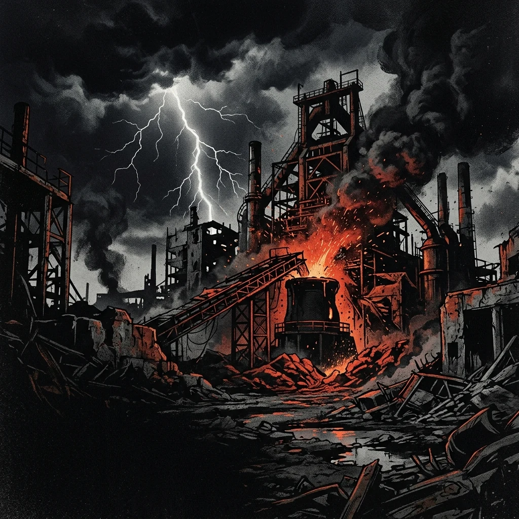 ilustración tributo de una fábrica industrial en ruinas bajo un cielo de tormenta sobre Donetsk, chispas de acero fundido y humo oscuro, atmósfera metalcore progresivo del este de Europa, sin rostros reconocibles ni logos, paleta rojo y negro