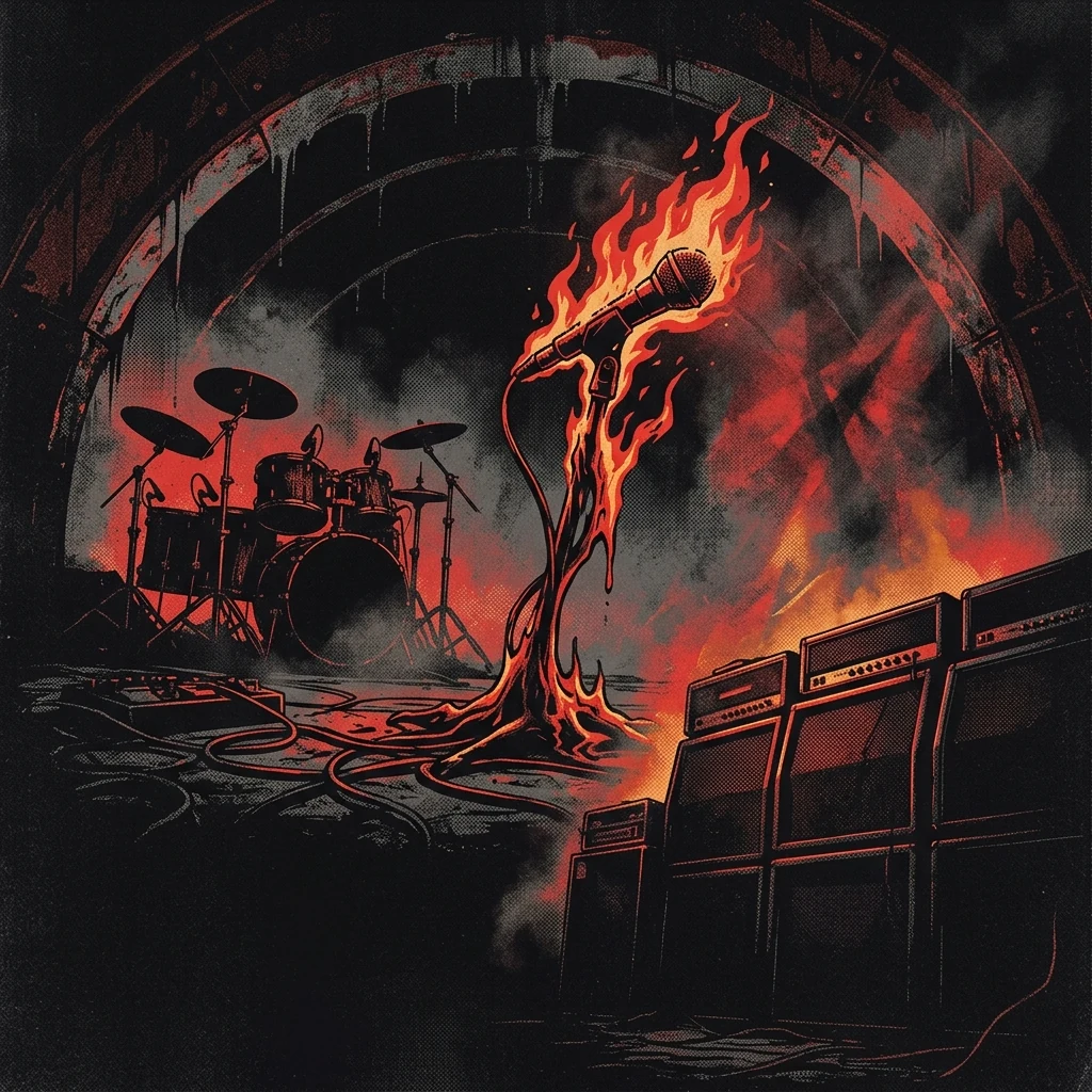 ilustración tributo de un micrófono envuelto en llamas bajo una bóveda de acero oxidado, destellos de luz roja y ámbar recortando sombras de instrumentos en la oscuridad, atmósfera metalcore extremo de conciertos en Europa, sin rostros ni logos, paleta rojo y negro