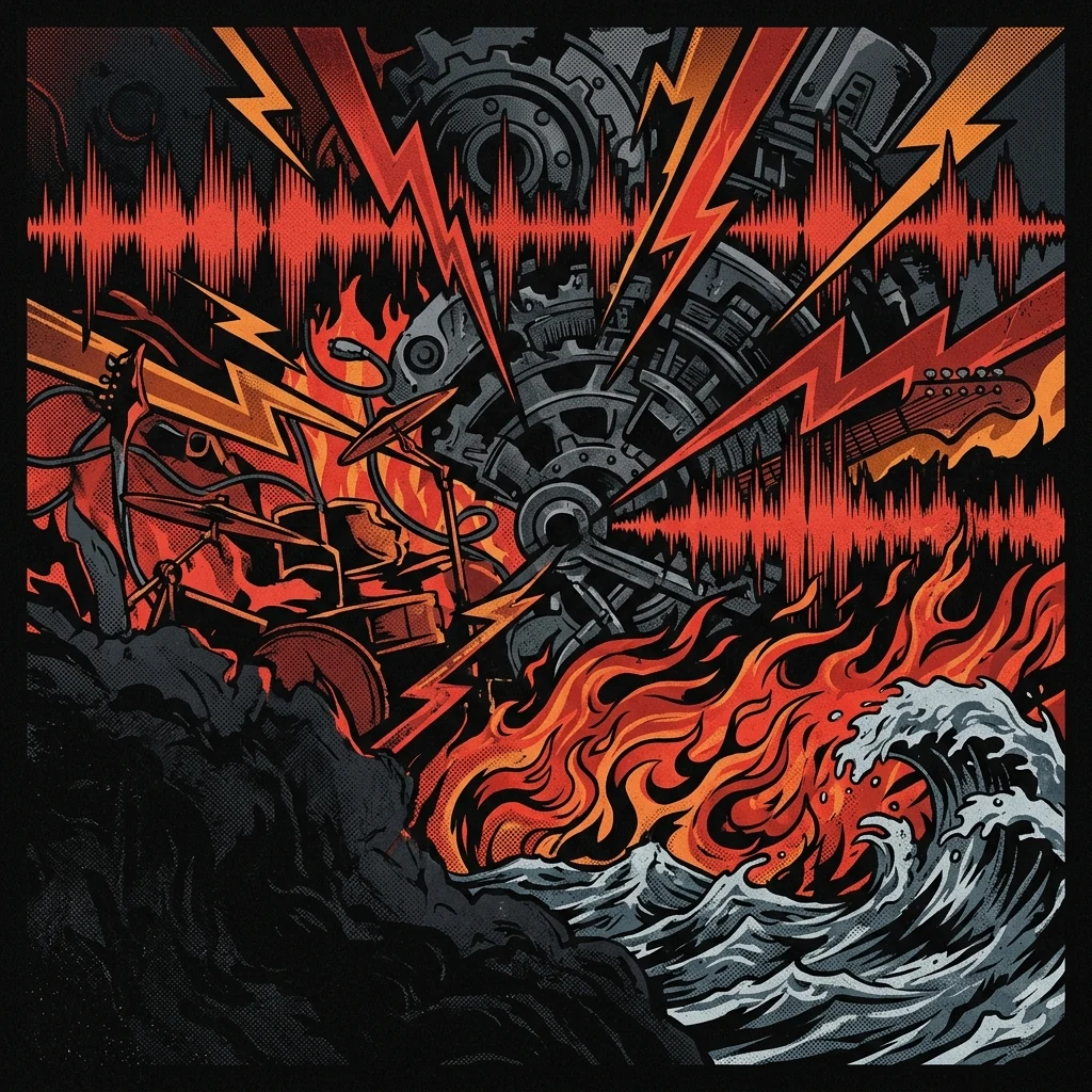 ilustración tributo de un collage abstracto de ondas de sonido, relámpagos y engranajes industriales sobre fondo negro, motivos de fuego y agua en contraste violento, atmósfera groove metal progresivo ucraniano, sin texto ni logotipos, paleta rojo y negro con destellos de ámbar