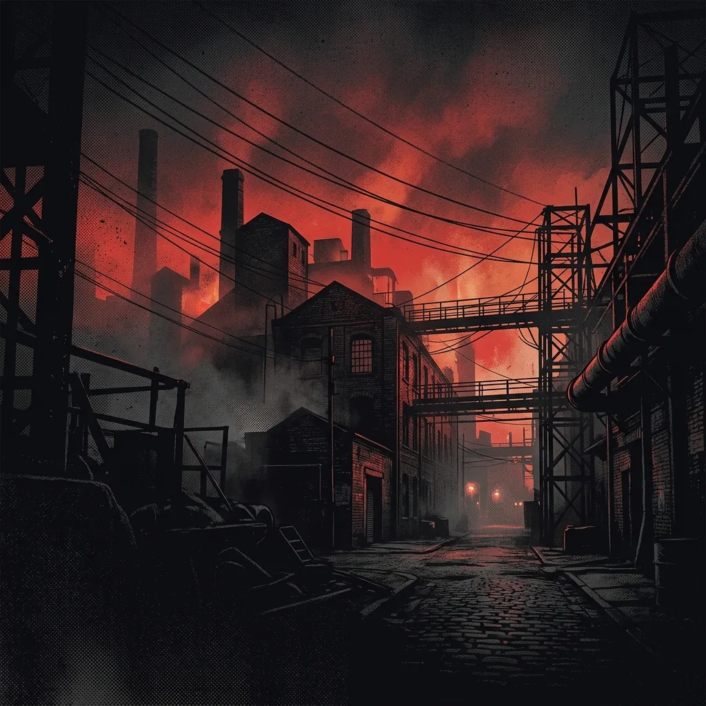 ilustración tributo de una fábrica industrial envuelta en niebla nocturna, cables eléctricos cruzando el cielo, atmósfera sombría y fría de Mánchester industrial, paleta rojo y negro, sin rostros reconocibles ni logos