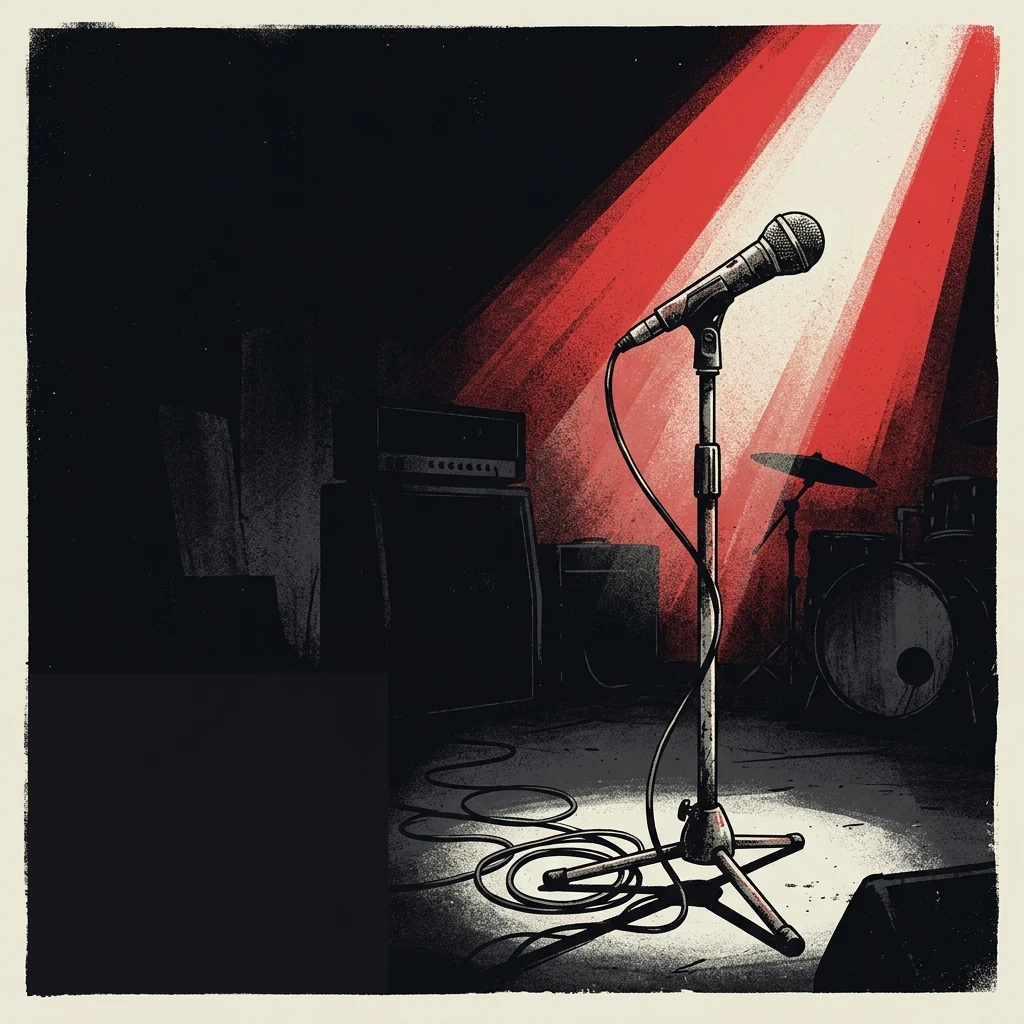 ilustración tributo de un micrófono solitario en un escenario oscuro barrido por un único rayo de luz, silencio y tensión palpables, atmósfera post-punk espectral, paleta rojo y negro, sin rostros ni logos