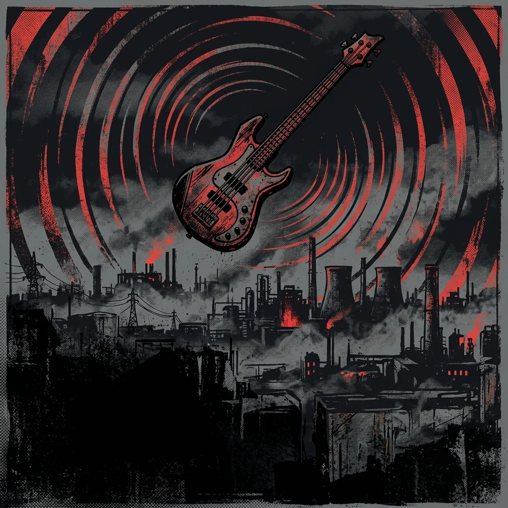 ilustración tributo de un bajo eléctrico suspendido sobre una ciudad industrial nocturna envuelta en niebla, ondas de sonido visibles expandiéndose en el aire, paleta rojo y negro, sin texto ni logotipos