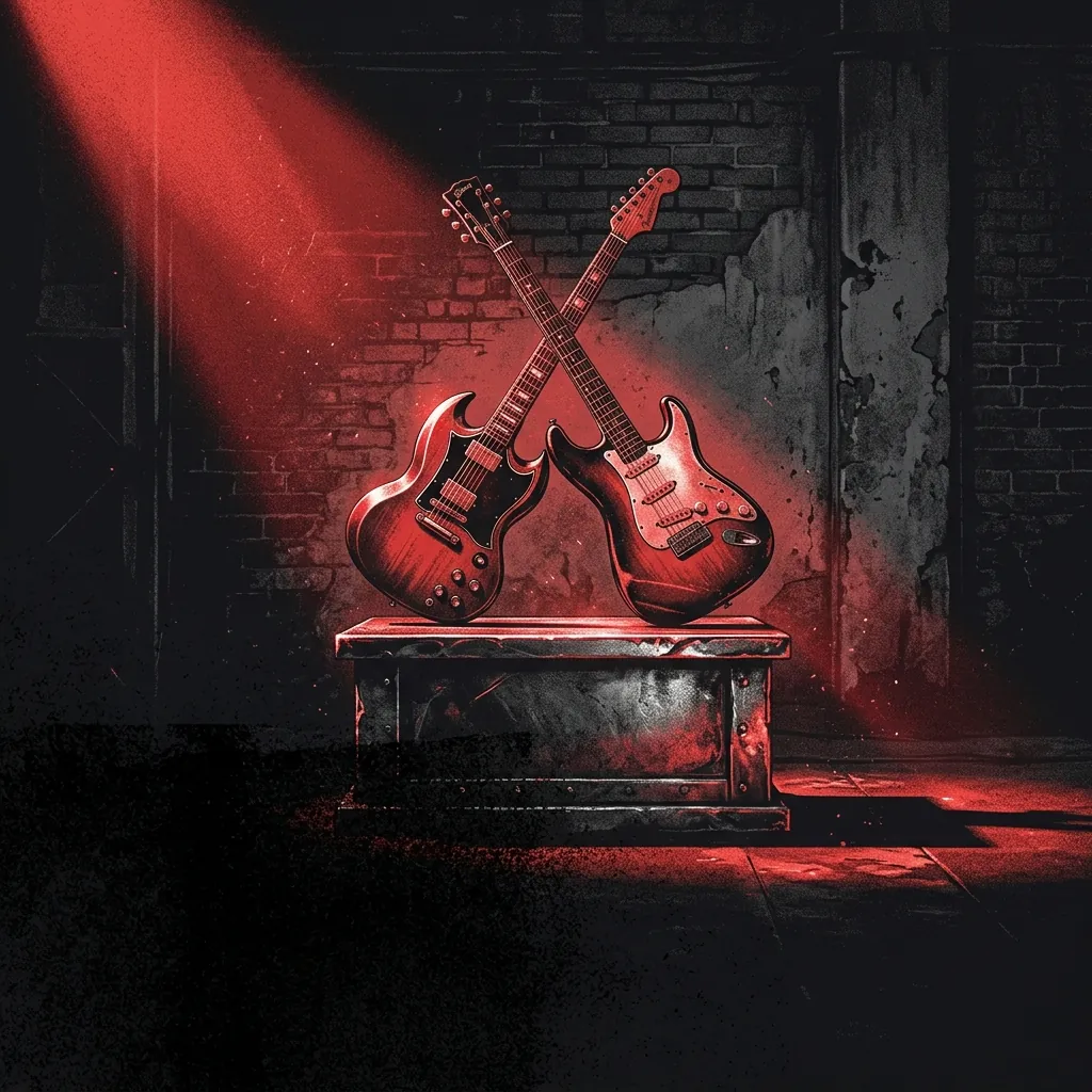 ilustración tributo de dos guitarras eléctricas cruzadas sobre un pedestal metálico en un escenario oscuro con luz roja rasante, atmósfera heavy metal Birmingham años 70, sin rostros reconocibles ni logos