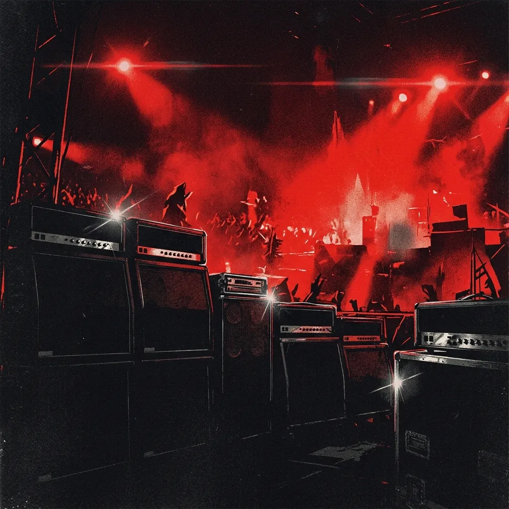ilustración tributo de un escenario de estadio inundado de luz roja con destellos de cromo y siluetas de amplificadores apilados en primer plano, estética heavy metal años 80, paleta rojo y negro, sin rostros ni logos