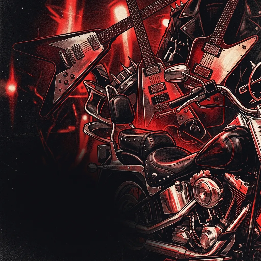 ilustración tributo de un collage de guitarras eléctricas, motocicleta de cuero y destellos metálicos sobre fondo negro con luz roja, estética heavy metal clásico, paleta rojo y negro intensos, sin texto ni logotipos
