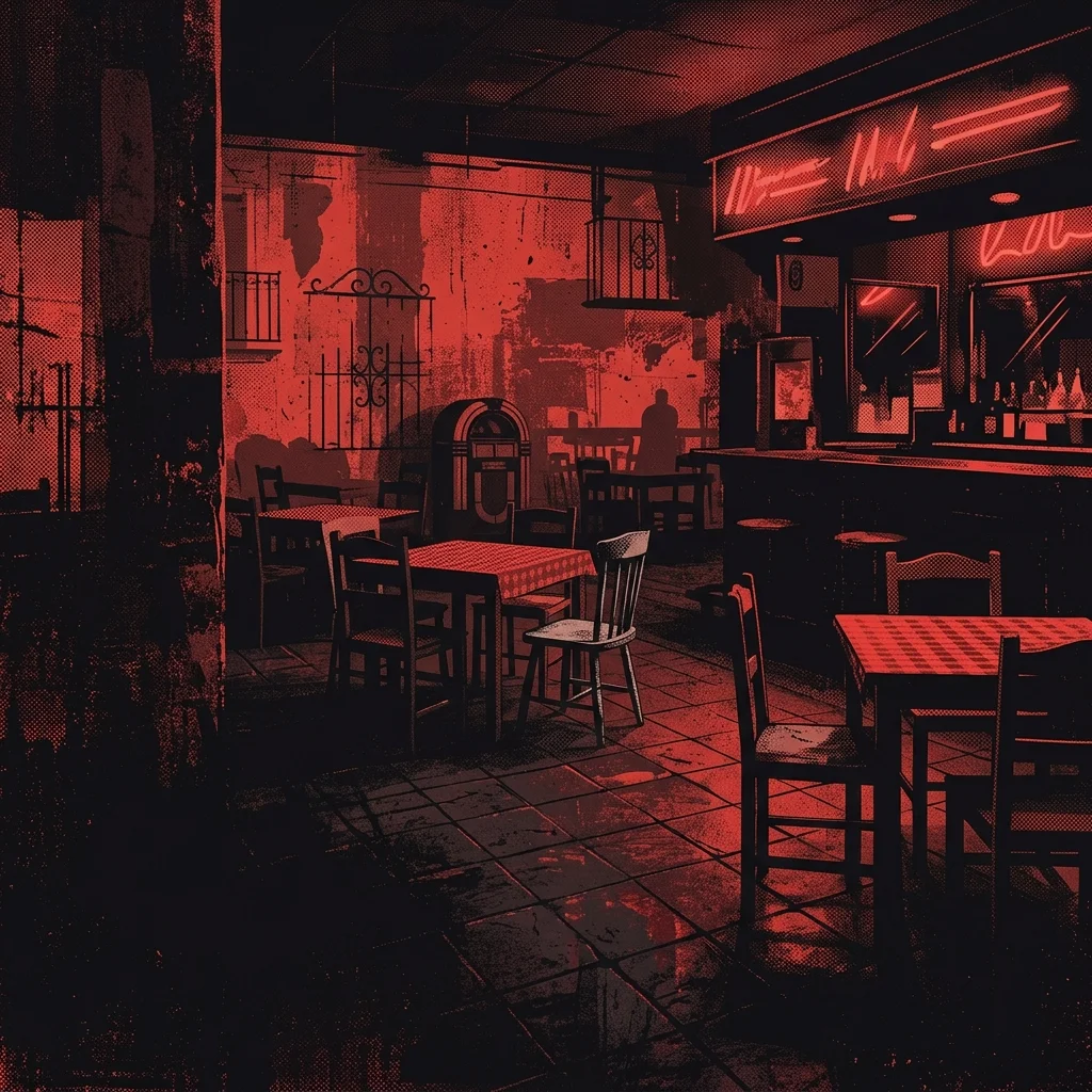 ilustración tributo de un restaurante vacío y melancólico al estilo de Monterrey, luz tenue y atmósfera nocturna, paleta rojo y negro, sin rostros ni logos