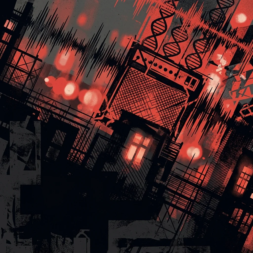 ilustración tributo de un paisaje urbano abstracto con texturas de sonido y luces difusas, atmósfera introspectiva, paleta rojo y negro, sin rostros ni logos