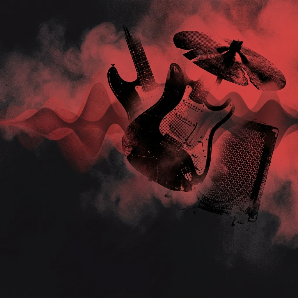 ilustración tributo de instrumentos de rock entre nieblas de color y ondas sonoras suaves, atmósfera melancólica, paleta rojo y negro, sin texto ni logotipos
