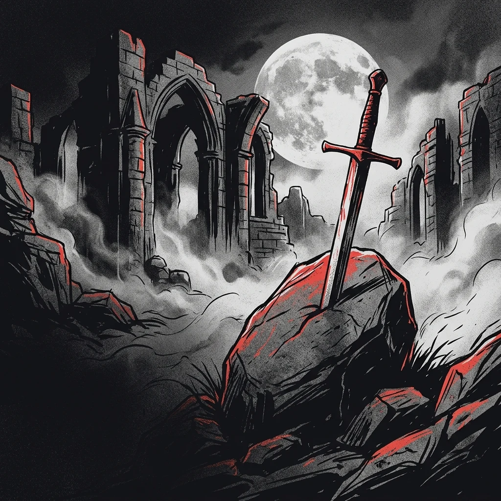 ilustración tributo de una espada clavada en una piedra bajo una luna llena, ruinas góticas de piedra entre niebla, atmósfera épica y oscura, paleta rojo y negro, sin rostros reconocibles ni logos