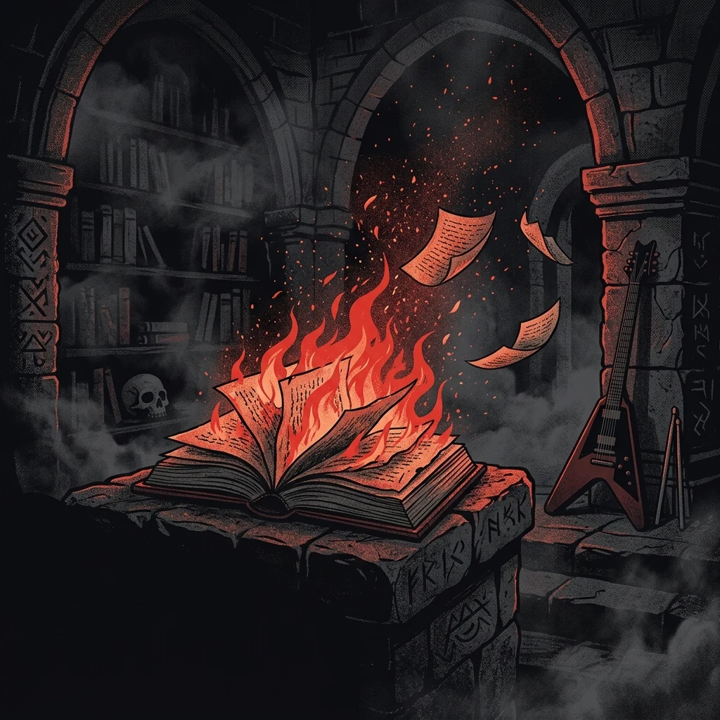 ilustración tributo de un libro antiguo abierto con llamas que emergen de sus páginas y símbolos alquímicos flotando en el aire, ambientación oscura medieval, paleta rojo y negro, sin rostros ni logos