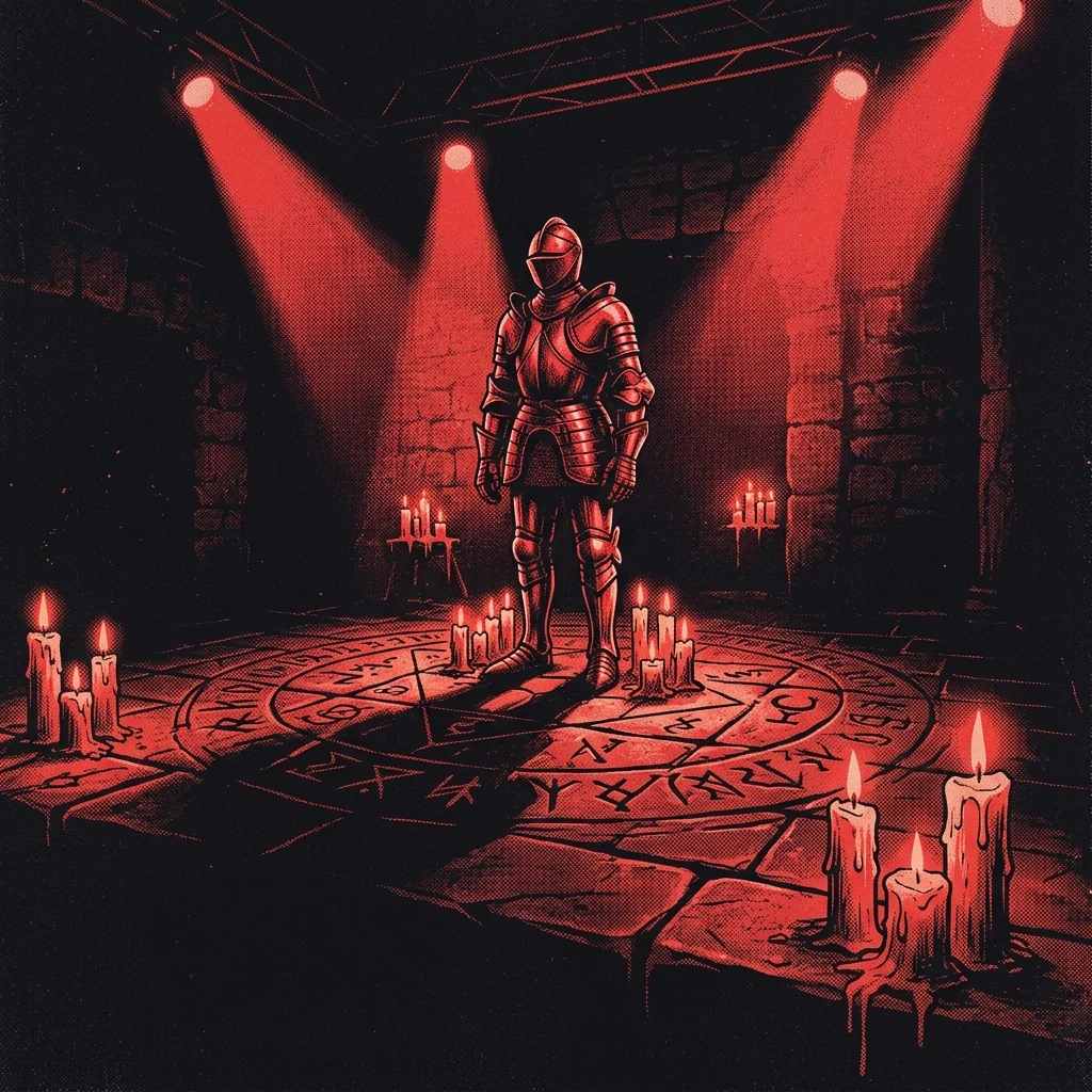 ilustración tributo de un escenario oscuro con una armadura medieval iluminada por luz roja y velas, símbolos alquímicos grabados en el suelo de piedra, atmósfera ritualista y épica, paleta rojo y negro, sin texto ni logotipos