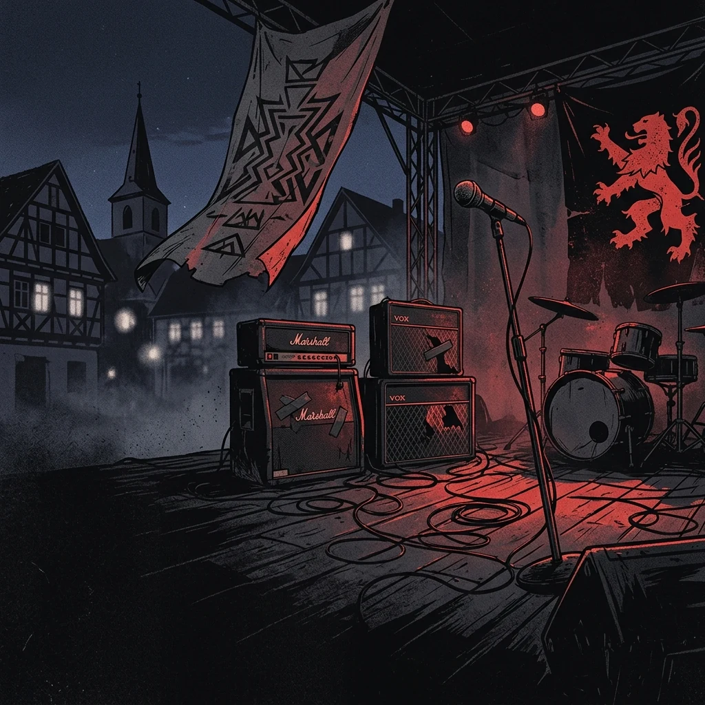 ilustración tributo de un escenario al aire libre de verano en un pueblo alemán, amplificadores desgastados y banderas en el viento nocturno, paleta rojo y negro, sin rostros reconocibles ni logos