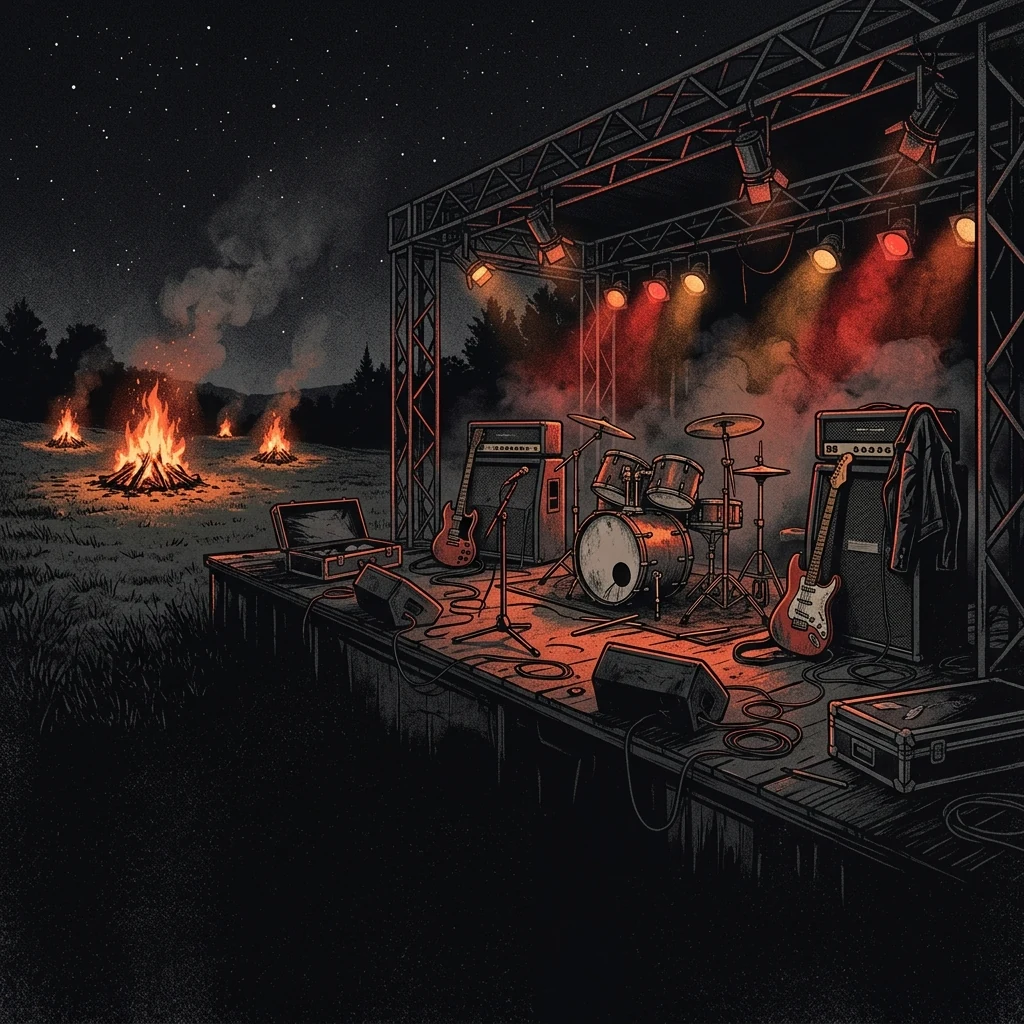 ilustración tributo de un festival de verano alemán con hogueras al fondo y una multitud levantando los puños bajo el cielo nocturno, atmósfera de fraternidad punk, paleta rojo y negro, sin rostros ni logos
