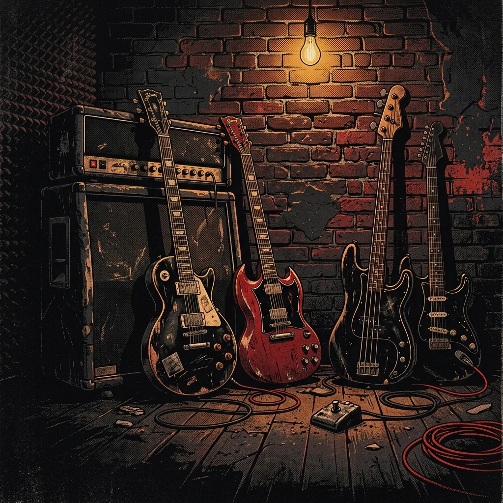 ilustración tributo de guitarras eléctricas y un bajo apoyados contra un amplificador viejo en un local de ensayo, luz amarilla cálida sobre ladrillo visto, estética punk alemana sin glamour, paleta rojo y negro, sin texto ni logotipos