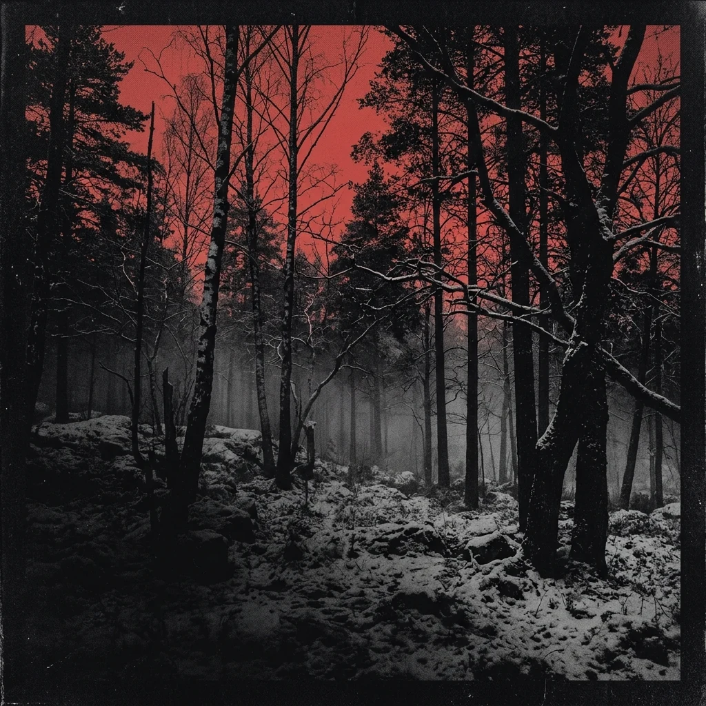 ilustración tributo de un bosque sueco nocturno bajo nieve fina, árboles sin hojas recortados contra un cielo rojizo, atmósfera doom metal escandinavo años 90, niebla baja entre los troncos, sin rostros reconocibles ni logos, paleta rojo y negro
