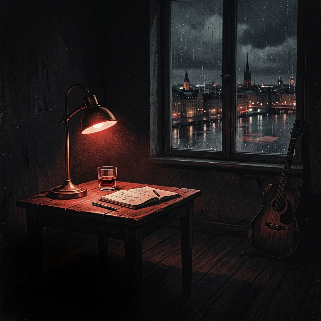 ilustración tributo de una sala vacía con una sola lámpara encendida sobre una mesa de madera oscura, ventana con lluvia que refleja las luces de Estocolmo, atmósfera progressive dark rock contemporáneo, tono íntimo y melancólico, sin rostros ni logos, paleta rojo y negro