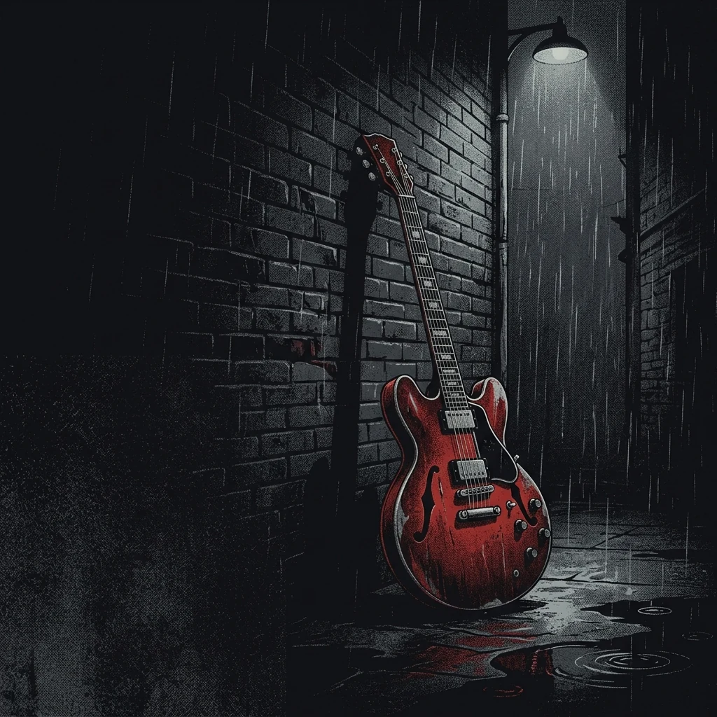 ilustración tributo de una guitarra eléctrica semihueca apoyada contra una pared de ladrillo húmedo bajo lluvia, luz tenue de farola que proyecta sombras largas, atmósfera dark rock progresivo escandinavo, sin texto ni logotipos, paleta rojo y negro con destellos plateados