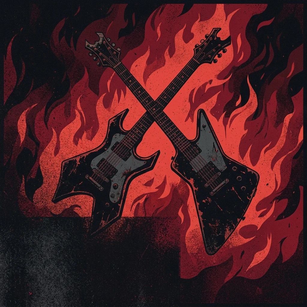 ilustración tributo de dos guitarras eléctricas cruzadas sobre un fondo de llamas rojas y negro profundo, atmósfera de intensidad y urgencia del metalcore de Massachusetts, paleta rojo carmesí y negro, sin rostros ni logos reconocibles