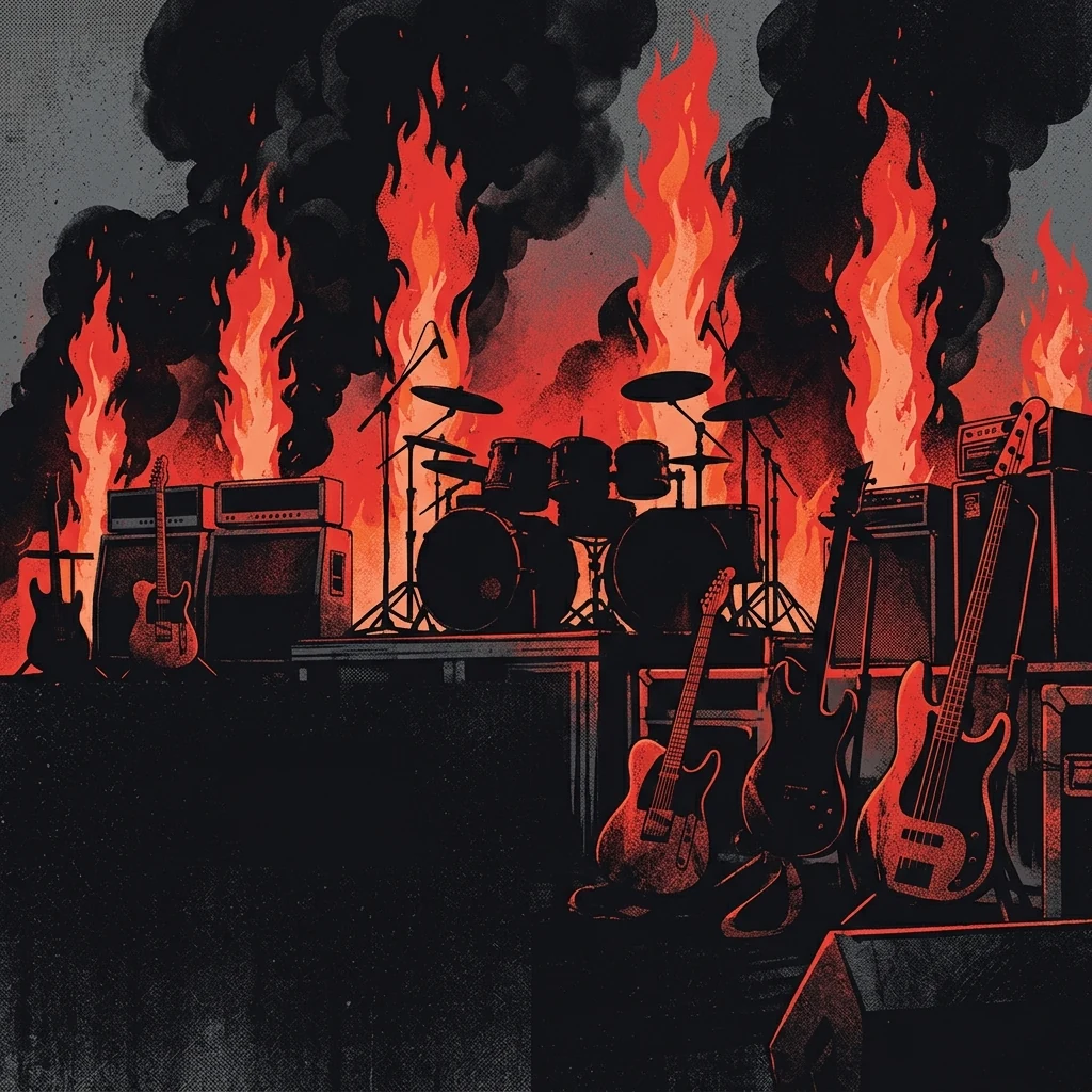 ilustración tributo de un escenario de arena con columnas de fuego rojo y humo negro denso, siluetas de instrumentos eléctricos —guitarras, bajo, batería— en disposición de concierto masivo, paleta rojo carmesí y negro profundo, sin rostros reconocibles ni logos