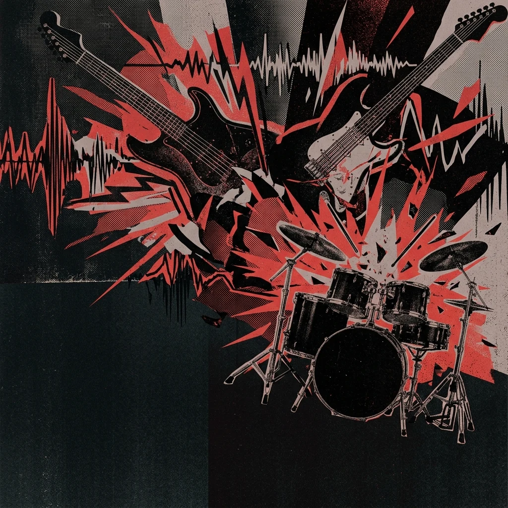 ilustración tributo de un collage abstracto con guitarras eléctricas, una batería en explosión de movimiento y ondas de sonido representadas gráficamente, paleta rojo carmesí y negro profundo, atmósfera de tensión y liberación, sin texto ni logotipos
