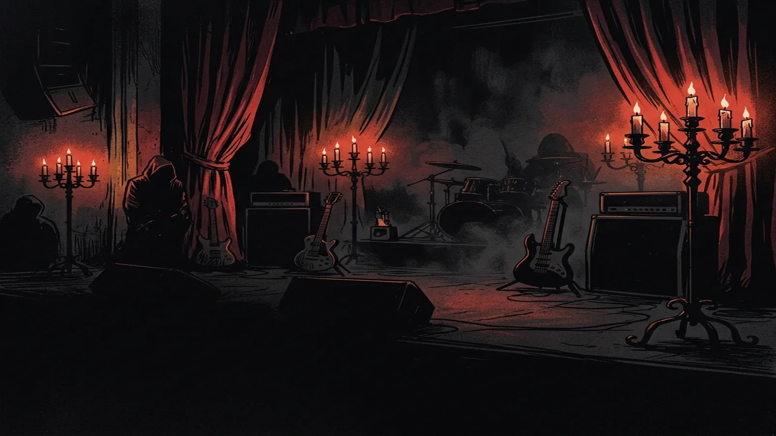 ilustración tributo de un escenario de heavy metal con candelabros encendidos, guitarras en penumbra y sombras largas sobre una cortina de terciopelo negro y rojo, atmósfera de horror teatral danés años 80, sin rostros reconocibles ni logos