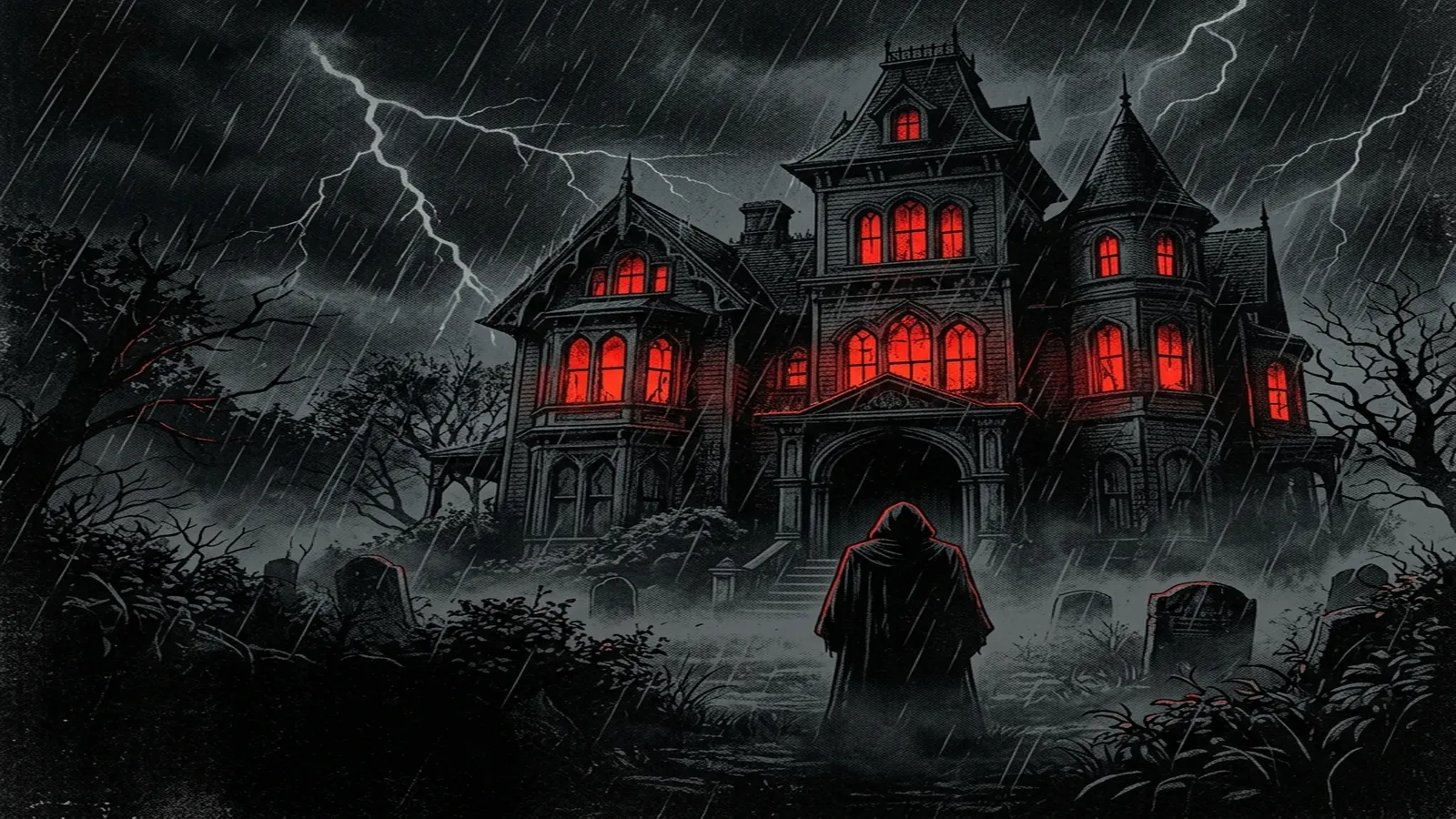 ilustración tributo de una mansión victoriana oscura bajo tormenta, ventanas iluminadas en rojo desde el interior, niebla densa en el jardín y una figura encapuchada en la entrada, atmósfera de horror gótico y heavy metal teatral, sin rostros ni logos, paleta rojo y negro