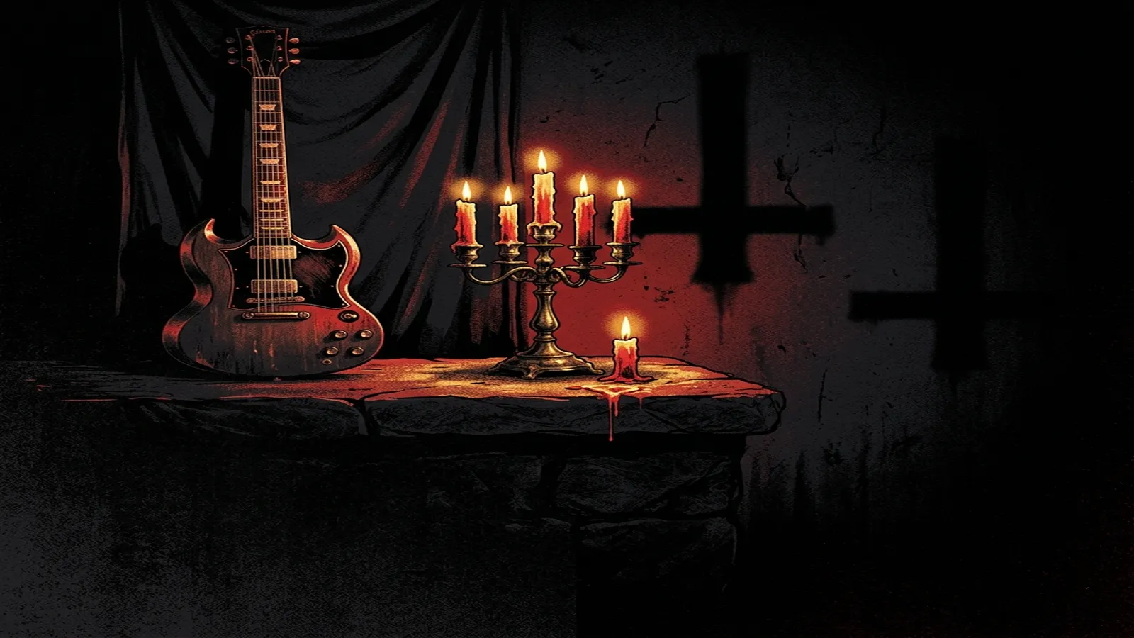 ilustración tributo de una guitarra eléctrica junto a un candelabro de latón encendido sobre un altar de piedra, sombras de cruces invertidas en la pared, atmósfera de heavy metal oscuro y ritual, sin texto ni logotipos, paleta rojo y negro con destellos dorados de cera