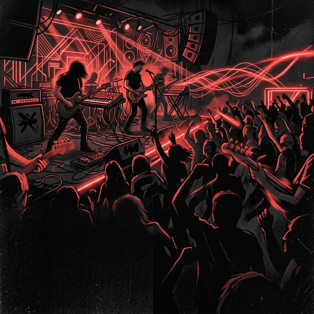 ilustración tributo de una pista de baile con ondas electrónicas, sintetizadores y guitarras fundidos, luces de neón rojas sobre fondo oscuro, sin rostros ni logos