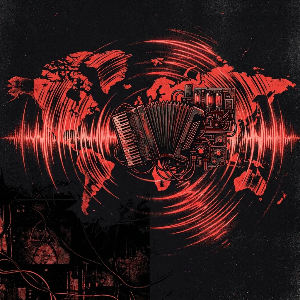 ilustración tributo de un mapamundi estilizado con ondas de sonido y un acordeón fundido con elementos electrónicos, paleta rojo y negro, sin rostros ni logos