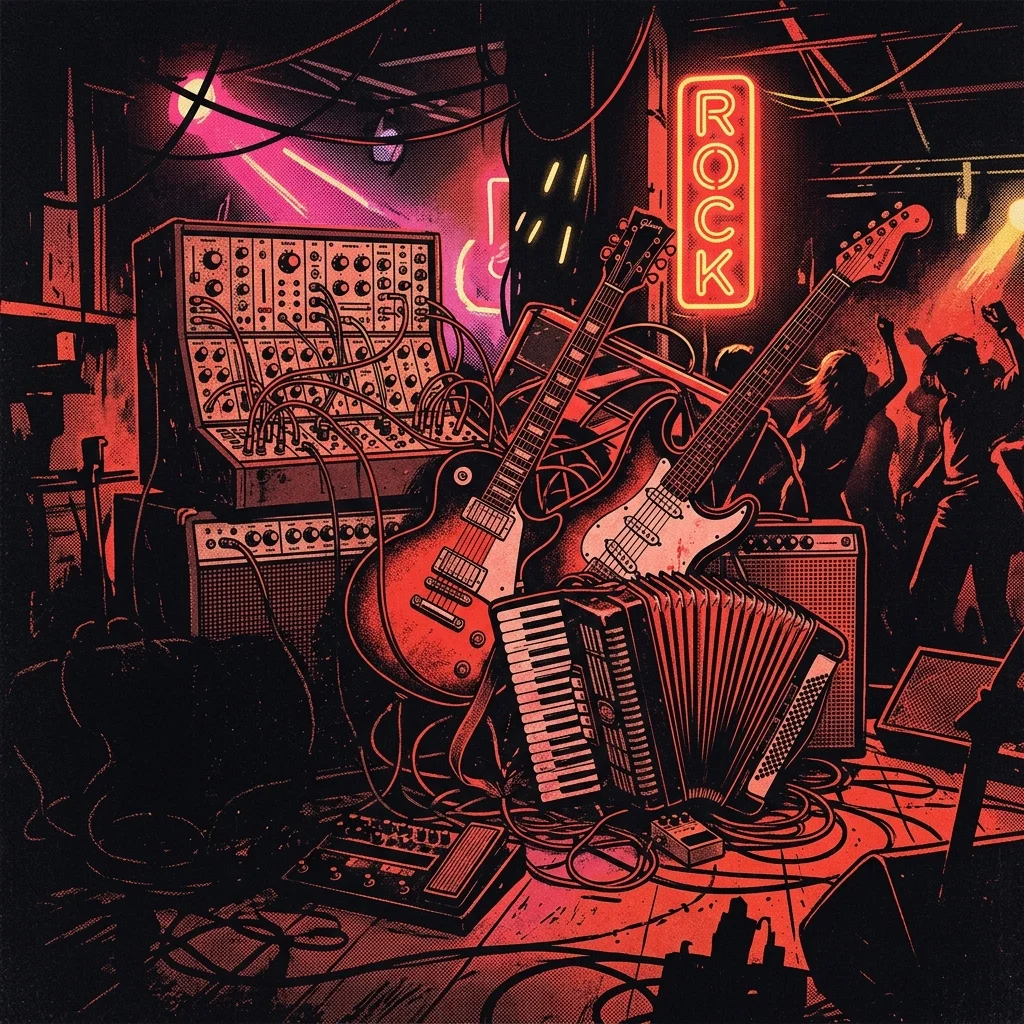 ilustración tributo de un collage de sintetizadores, guitarras y un acordeón entre luces de club, paleta rojo y negro con destellos de neón, sin texto ni logotipos